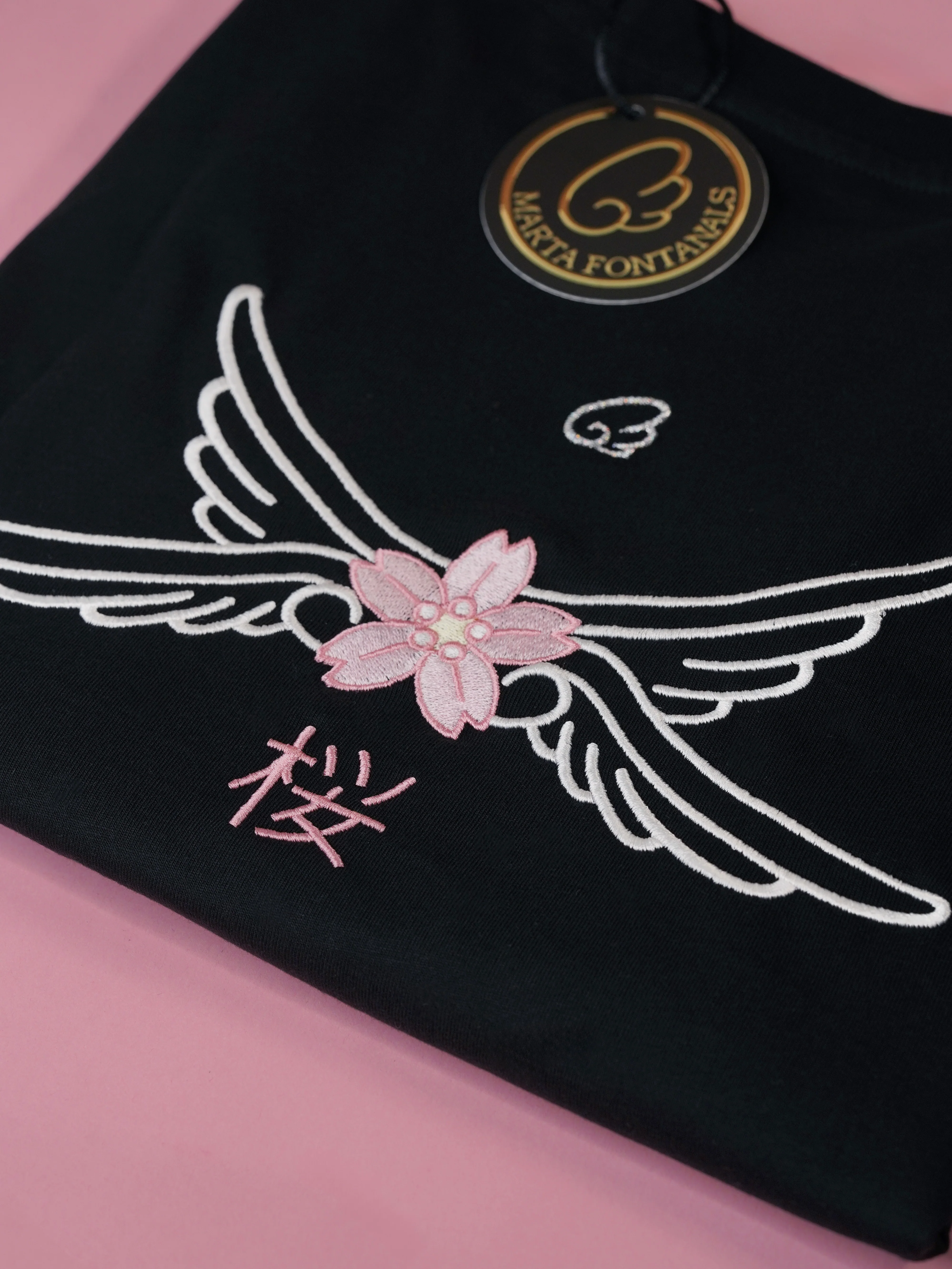 Sakura wings Embroidery T-shirt (Black) - Image 6