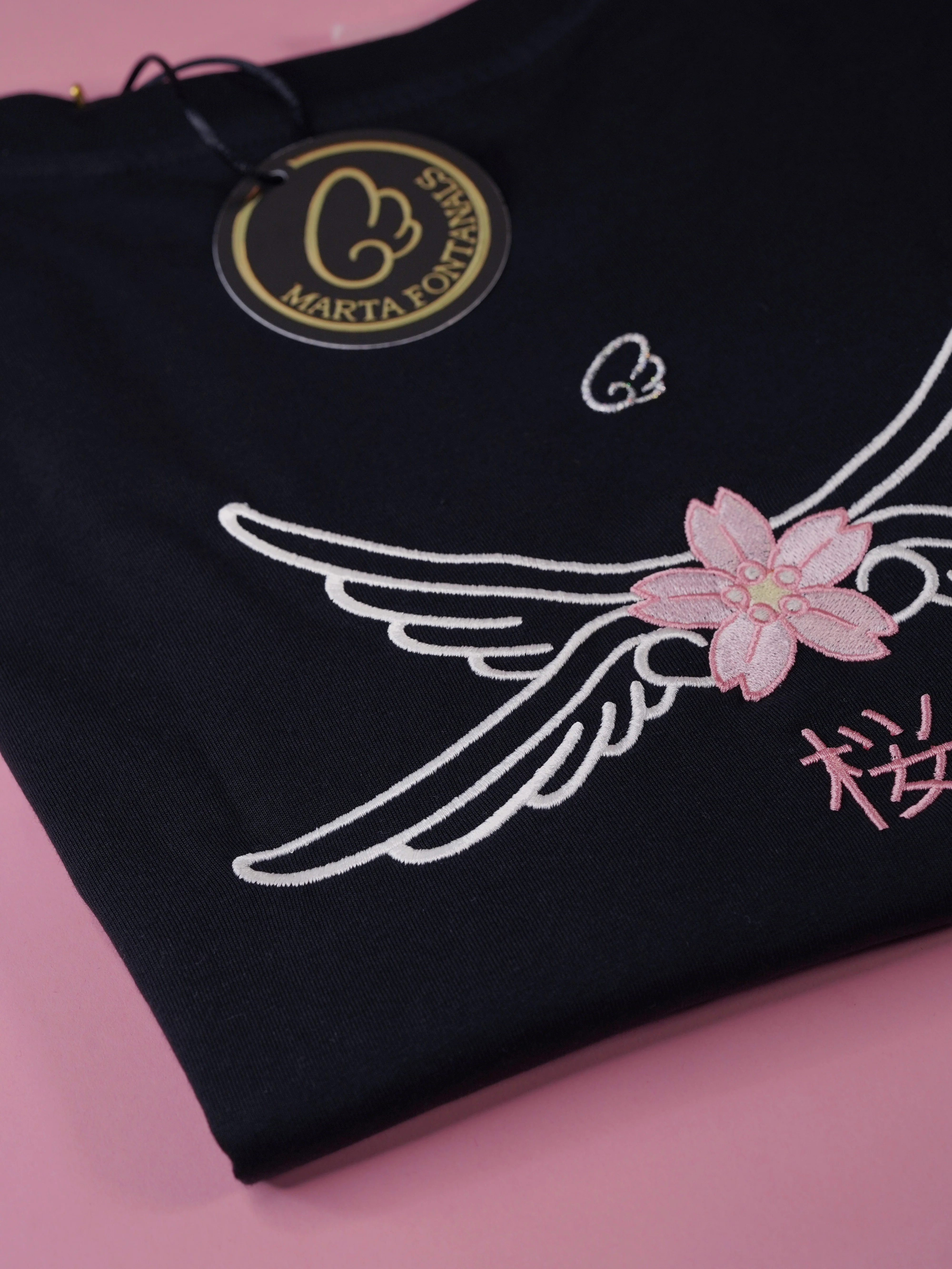Sakura wings Embroidery T-shirt (Black) - Image 7